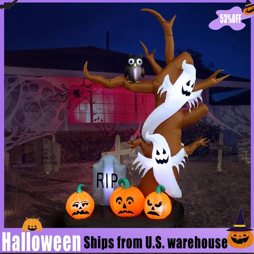 Halloween Inflatable Tree with Ghosts, Pumpkins, Owl and Tombstone LED Lights Decor Outdoor Indoor, Inflatable Yard Decorations