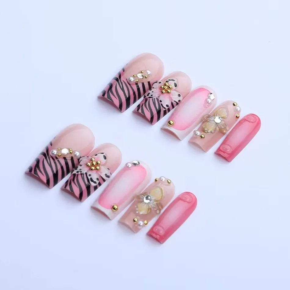 24Pcs Long Coffin Press On Nails Pink French Zebra Print Handmade 3D Flower Sparkly Rhinestone Fake Nails For Ladies JT39