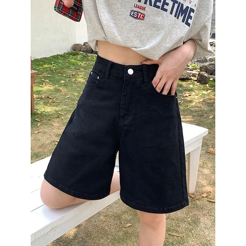 Summer Retro Brown Shorts for Women Korea High Waist Black Shorts Loose Button Solid Classic Knee-length Shorts BF Streetwear