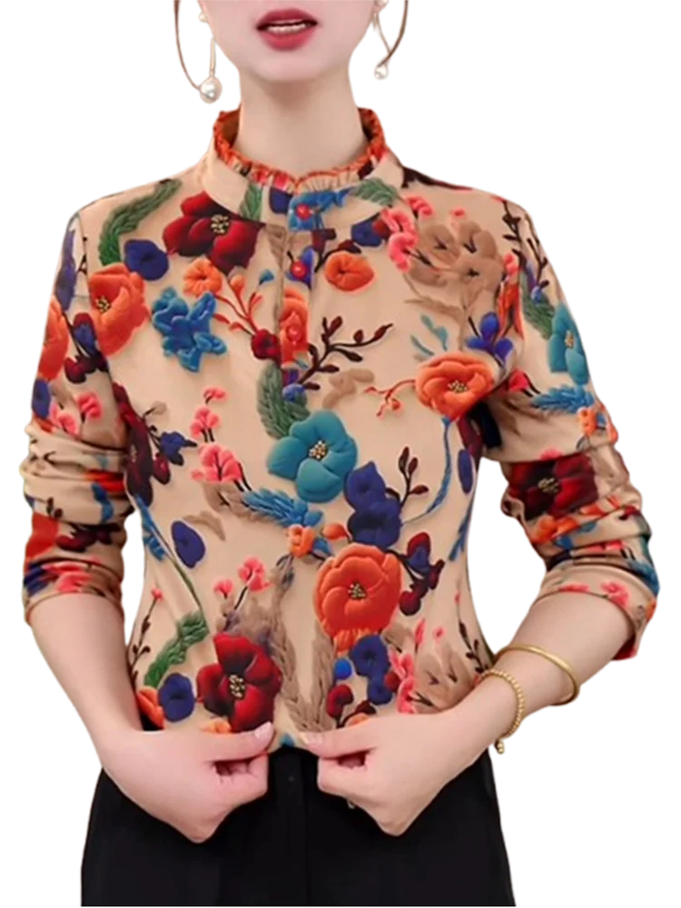 

2025 Autumn/Winter New Fashionable Velvet Printed Bottom Top for Women Thickened Lace Collar Women's Top