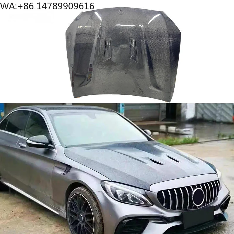 New High Gloss Carbon Fiber Hood for - W205 C-Class (C43/C180/C200/C300) Screws-100% Fitment Black