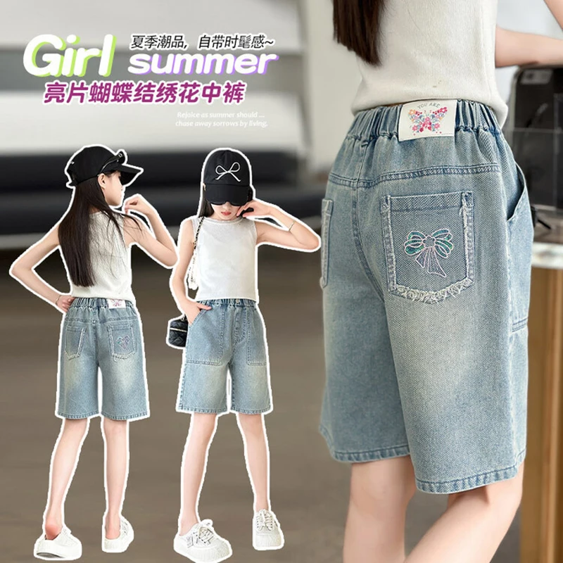 5-14 Years Old Summer Girls Jeans Shorts Pants New Bow Embroidery Style Denim Fabric Pants For Teen Girls Fashion Half Pants