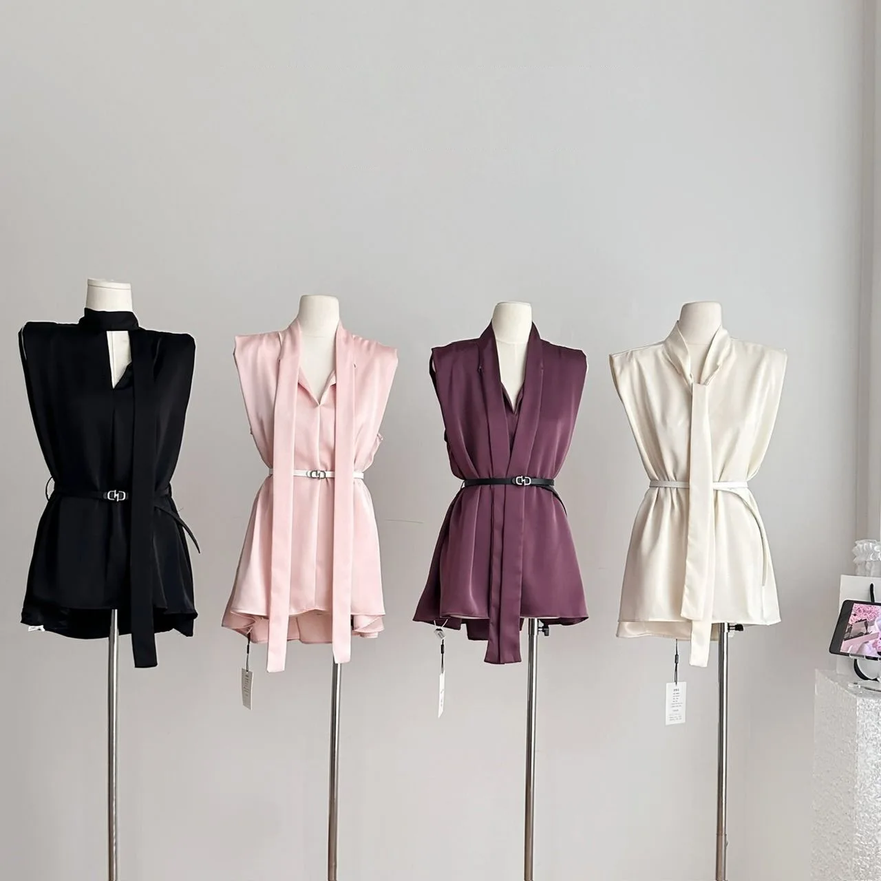 

Women's Elegant Beige Pink Satin Tie Neck Blouse Sexy Sleeveless Belted Flowy Tunic Top Office Coummetd Outfit For Spring Summer