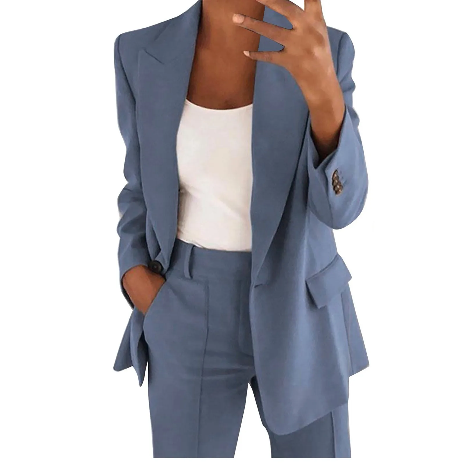 Women\'s Two Piece Lapels Suit Set Office Business Long Sleeve Button Formal Jacket + Pant Suits Slim LooseTrouser Jacket Suit