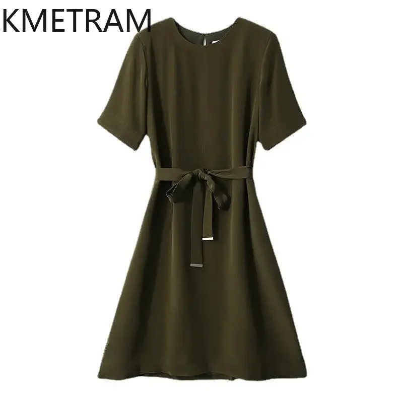 KMETRAM Mulberry Silk Olive Brown Dress for Women 2024 Summer Round Neck Mid-length Skirt Lace-up Dresses Intellectual Style