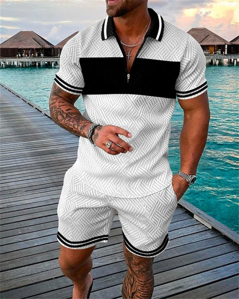 Summer Men\'s Zip-up POLO Collar Sports Suit Fashion Casual Street Wear Sports Style Zip-up POLO Shirt And Shorts 2 Piece Set