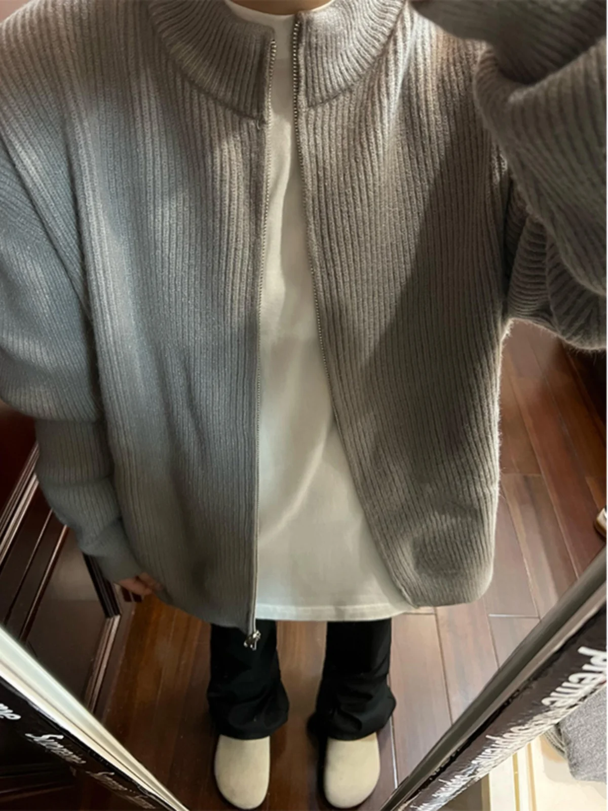 ay Maglione lavorato a maglia con cerniera da uomo Trendy Lazy High-End Cleanfit American Retro Cardigan aperto Jaet Loose Fit oulder Pad