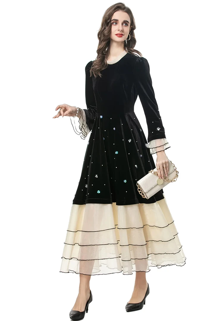 DLDENGHAN Damen Stehkragen Flare Ärmel Pailletten Perlen Vintage Samt Patchwork Kleider Mode Frühjahr Neu