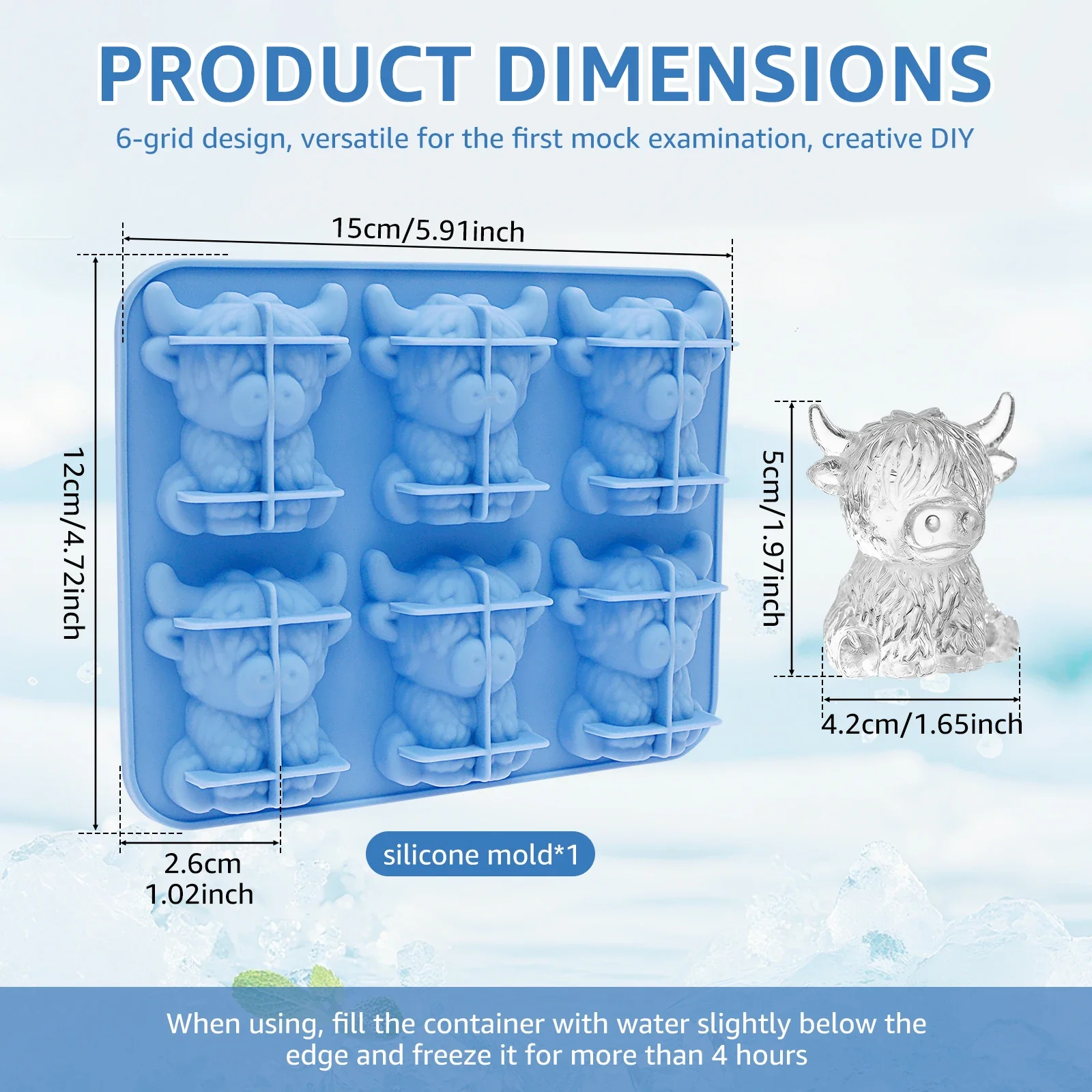 6 Cavity Ice Cube Mold Silicone Ice Cube Tray Mini Highland Cow Ice Cube Mold for Handmade DIY Chocolate Soap Candle Making Mold