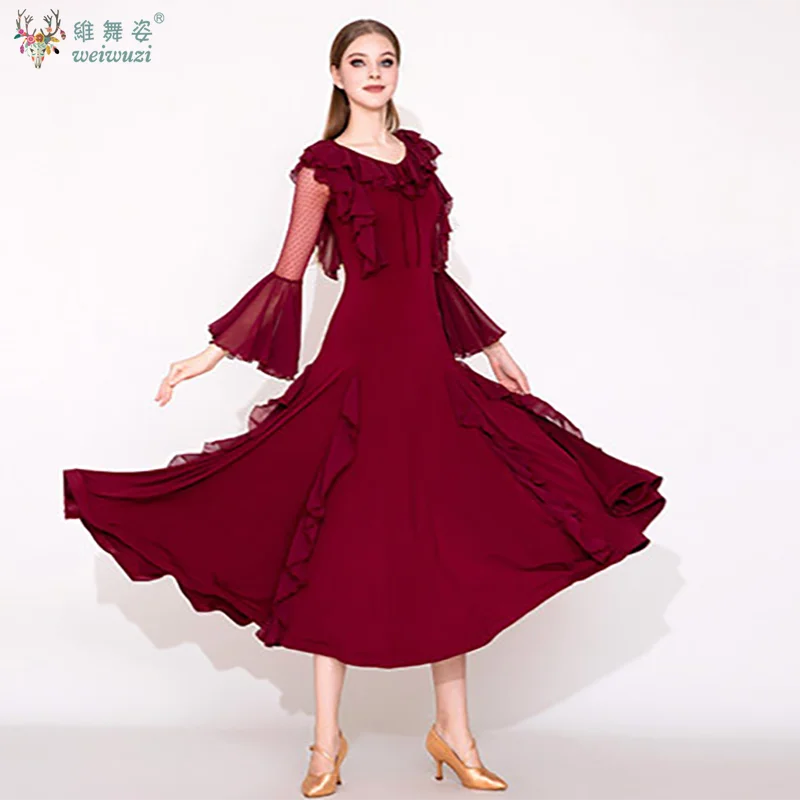 

Modern Dancing Performance Clothing Elegant Bell Sleeve Swing Skirt Ballroom Dress Waltz Tango Friendship Dance Competition Wear