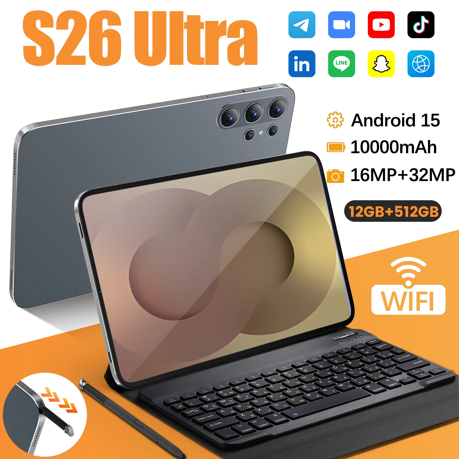Global Version S26-Ultra Android15 Tablet 12GB+512GB 10000mAh  5G Dual SIM WiFi GPS Google Store 4K HD Video Mi Tablette PC