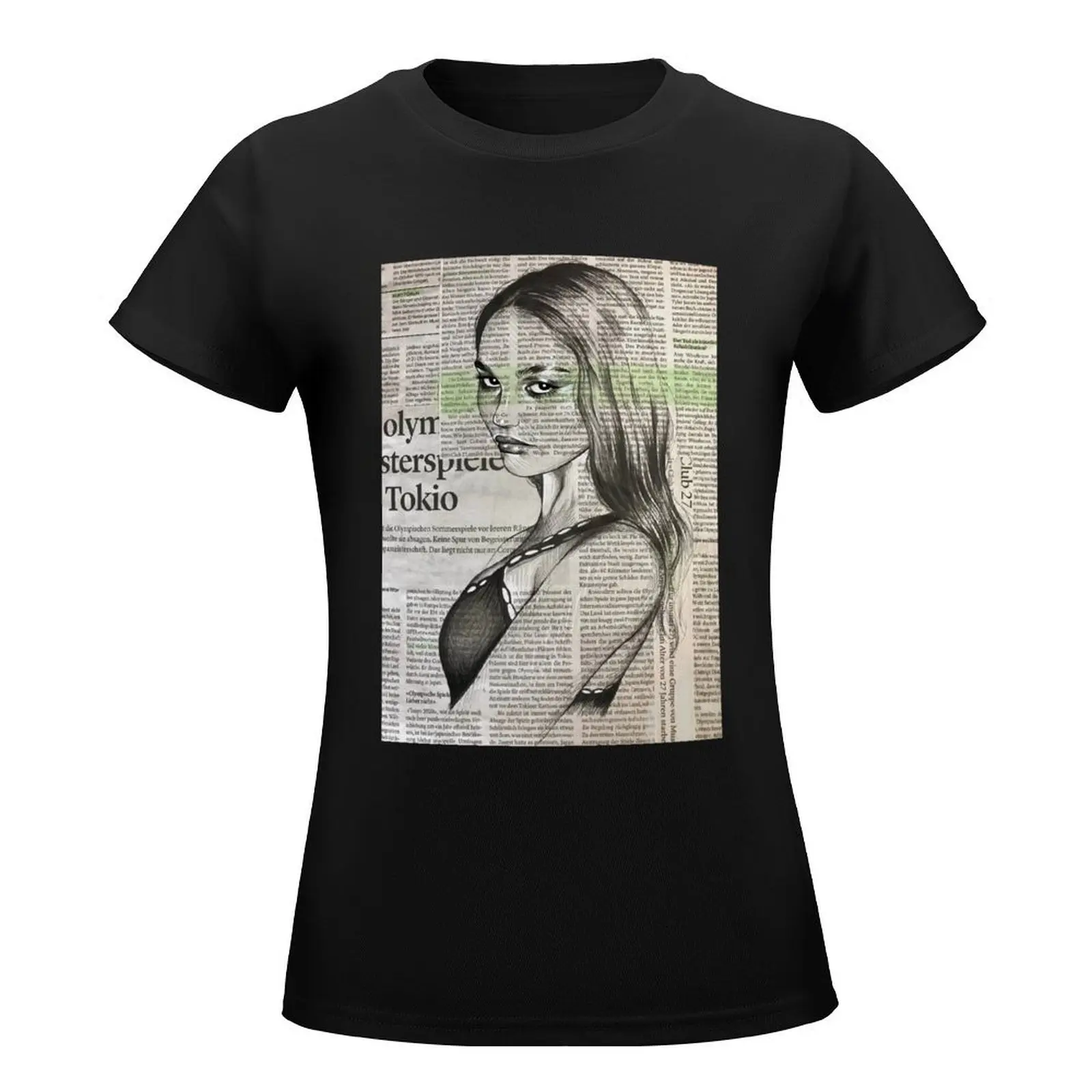 Lily Rose Depp portrait on newspaper T-Shirt plus size tops aesthetic clothes kawaii clothes western t-shirt dress for Women