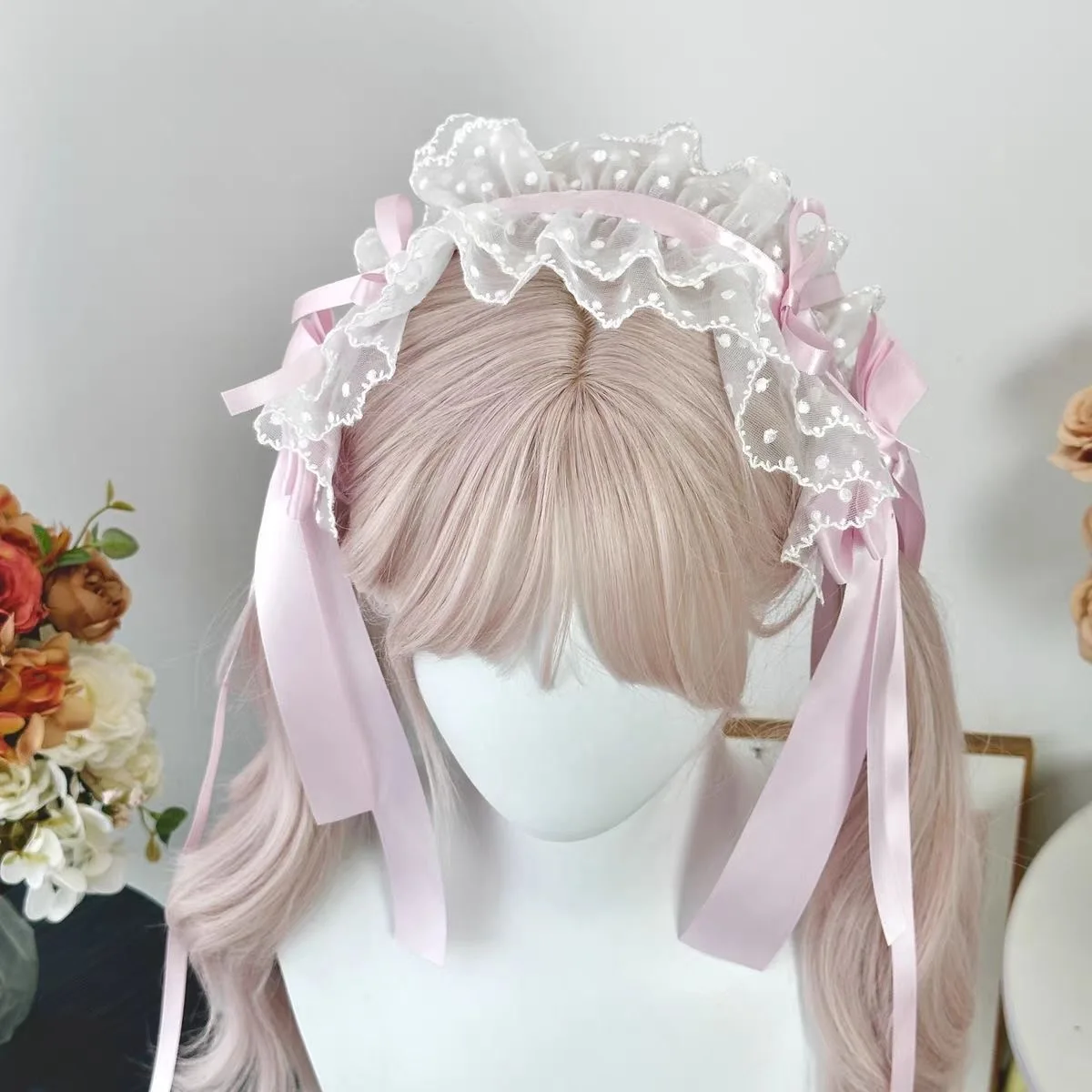 Lolita różowy kolor koronkowa opaska na głowę wstążka kokarda opaska do włosów słodka kokardka pokojówka Cosplay nakrycie głowy nocna impreza akcesoria do włosów — zdjęcie 3