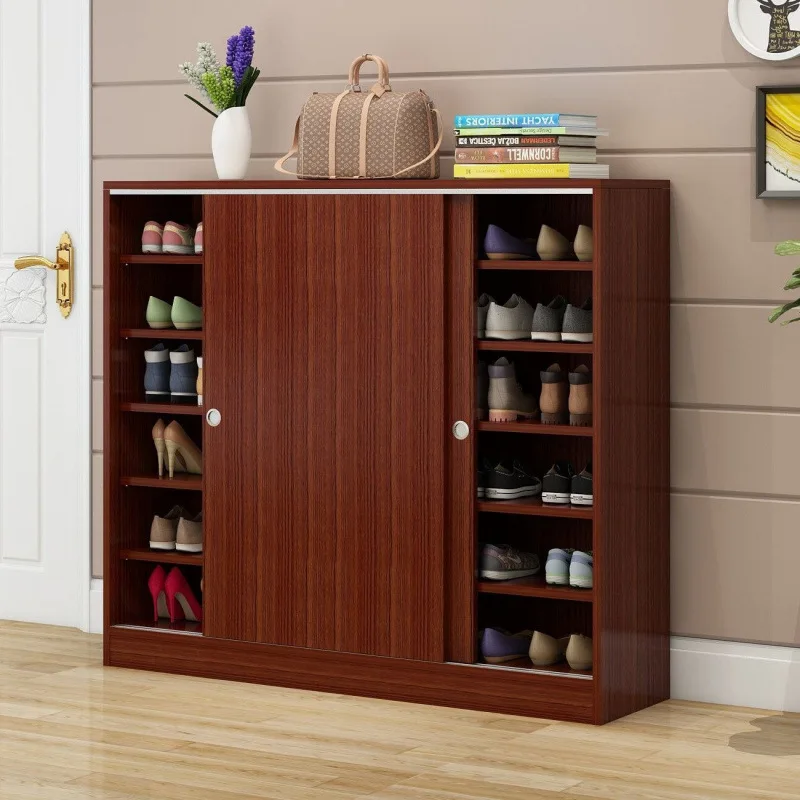 

Simple solid wood multi-layer entrance shoe cabinet household entrance space-saving sliding door dormitory balcony storage large