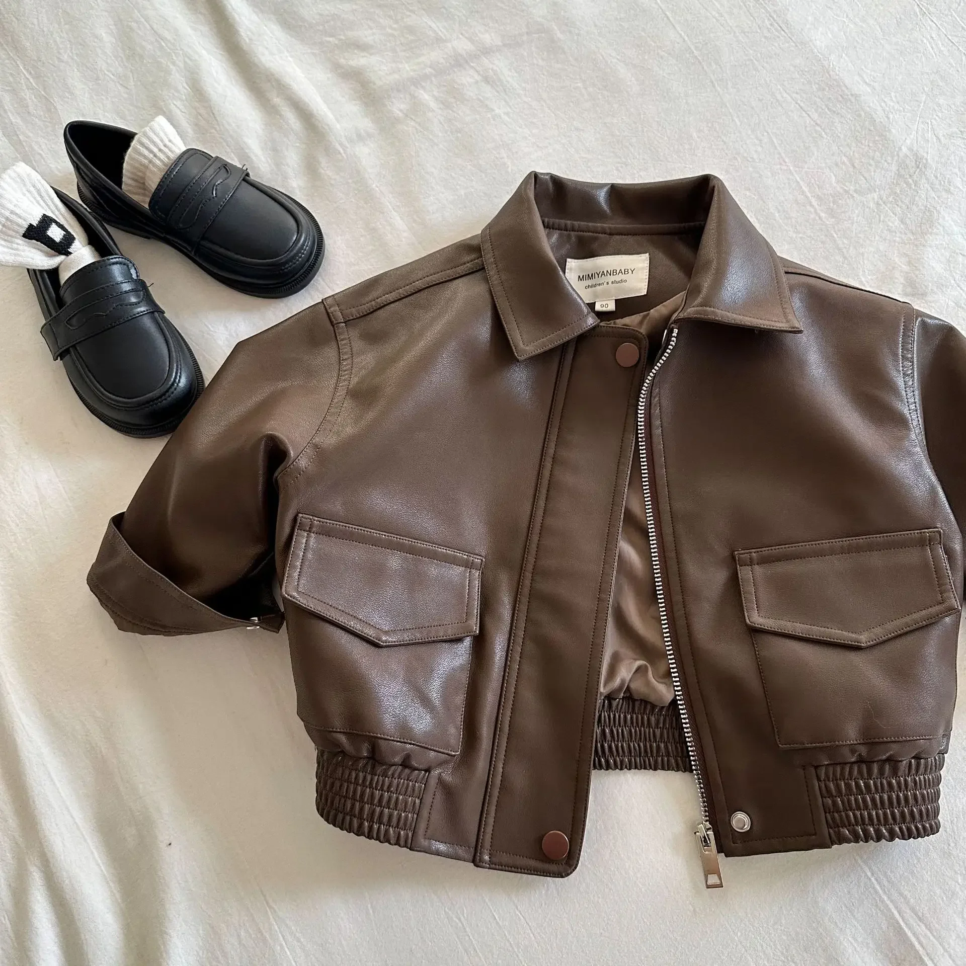 

Children Clothing Handsome All Matching Coat 2025 Autumn Boys Girls Solid Color Simple Leather Jacket Fashion Personality Coat