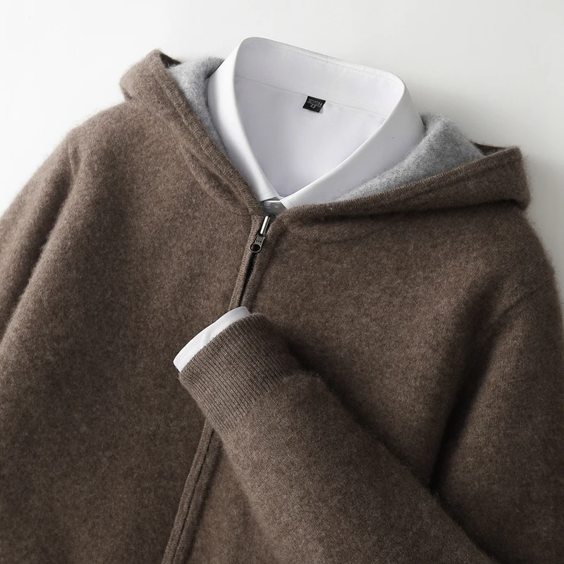 2026 Men's Cashmere Sweater Hooded Zipper Cardigan Two-side Wear Autumn Winter Thick Knit Large-size Jacket Long Sleeve Coat