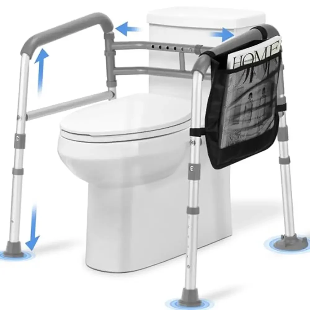 Foldable Toilet Safety Rails Adjustable Height Suction Cups Non-Slip Handles Hanging Pouch