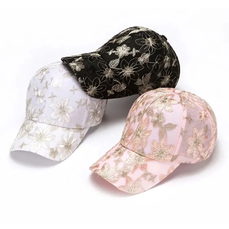 Damen-Baseballmütze mit besticktem Blumenmuster, koreanischer Stil, Spitze, Netzstoff, Sonnenhut, Frühling, Sommer, atmungsaktiv, UV-Schutz, verstellbar, lässig