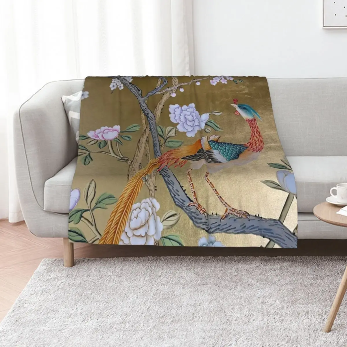 

Shimmering Golden Garden Chinoiserie with Colorful Peacock Throw Blanket christmas gifts Bed halloween Blankets