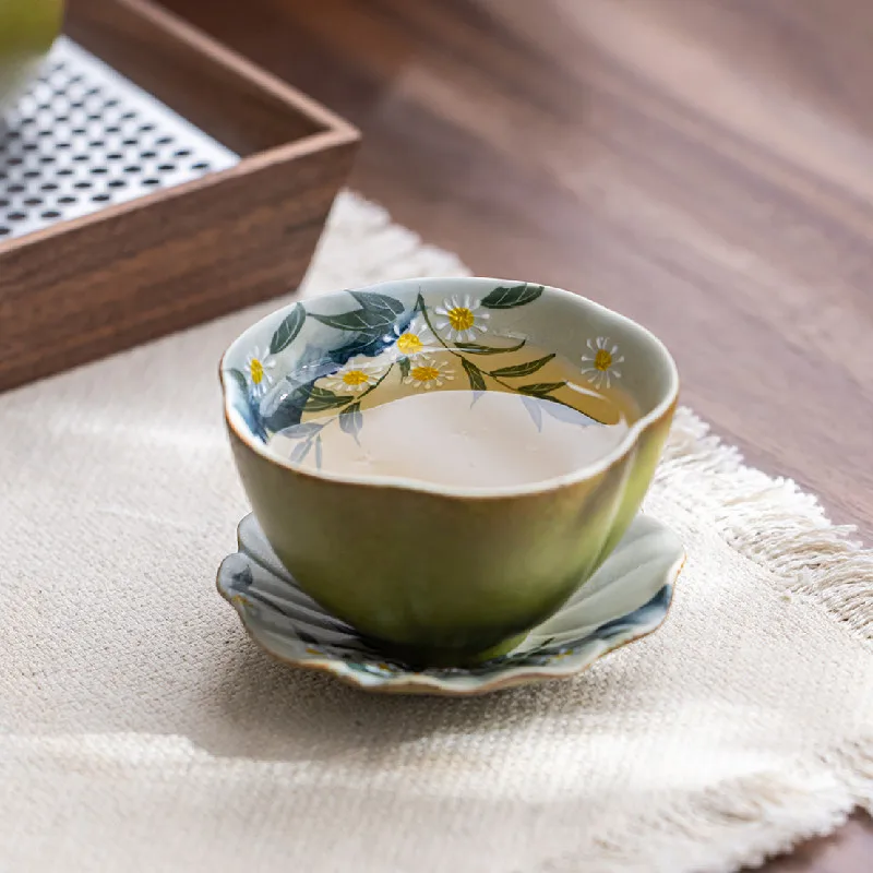 Green Tangerine Hand Painted Ceramic Tea Cup Ladies Master Cup Traditional Retro Household Kung Fu Single Tasting Tea Accessory