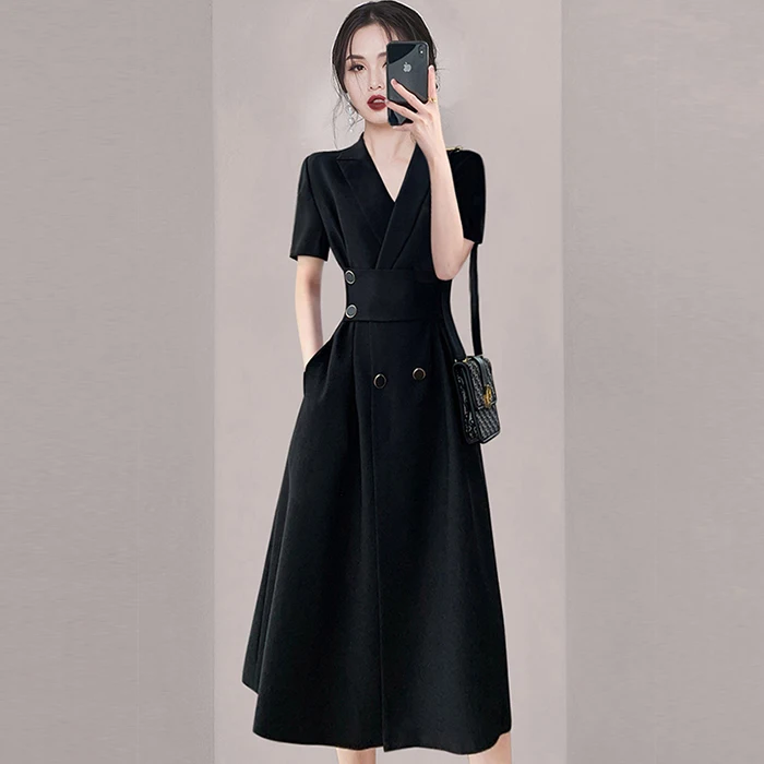 

New High End Luxury Blazer Dress Women Summer Turn down Collar Short Sleeve Slim Waist Long Dresses Office Lady Retro Vestidos