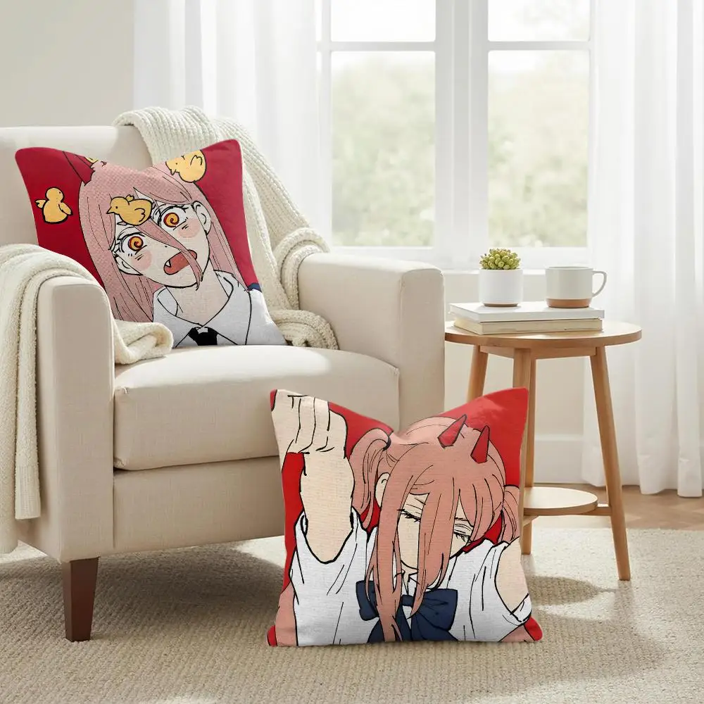 C-Chainsawman power Anime Cushion Cover Natural Linen Organic Fabric Double-Sided Printing Sofa Home Decor Gift Pillow Case