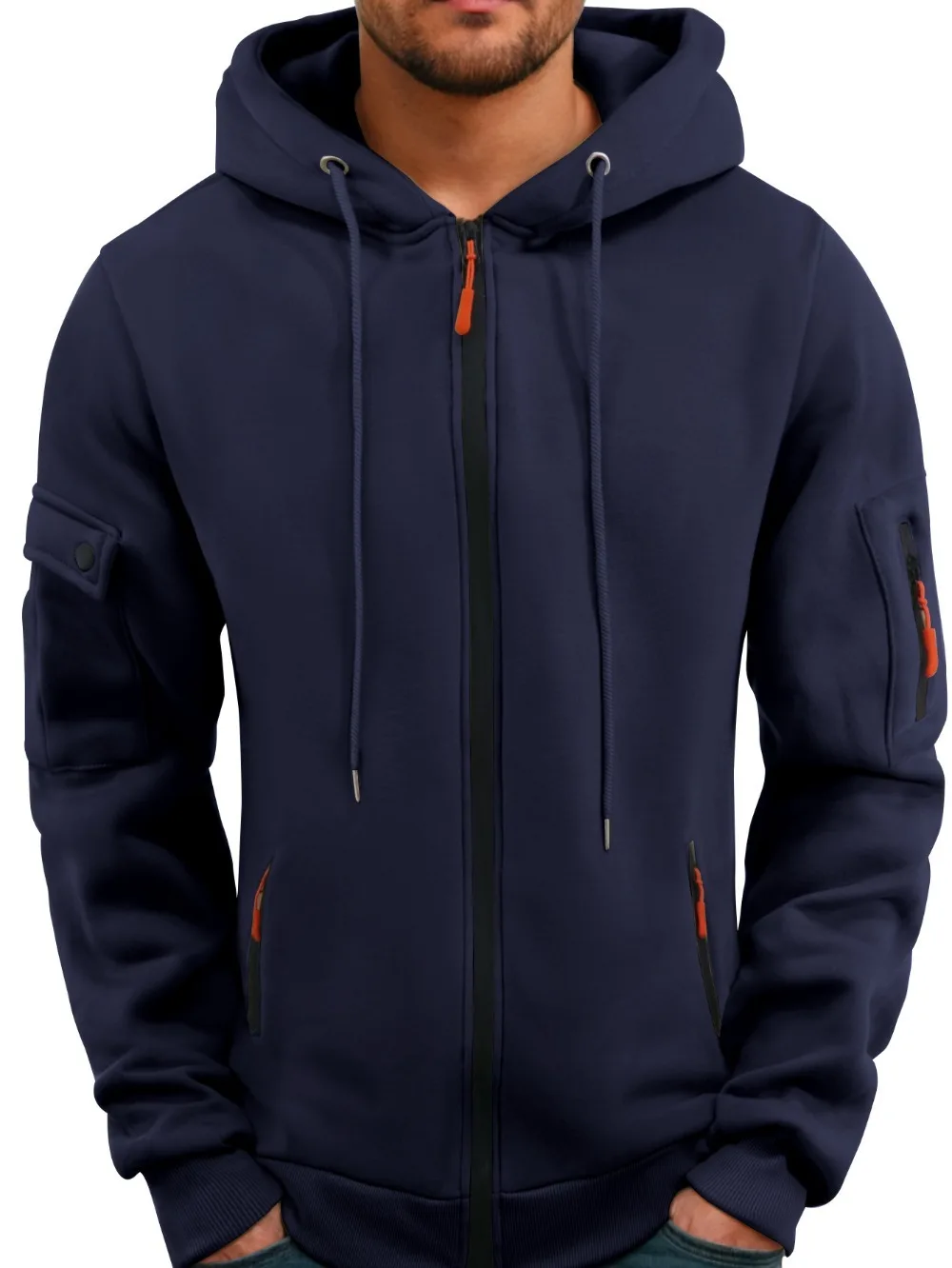 2025 Autumn and Winter Men's New outdoor Sports tooling wind leisure comfortable cardigan zipper solid color arm pocket hoodie