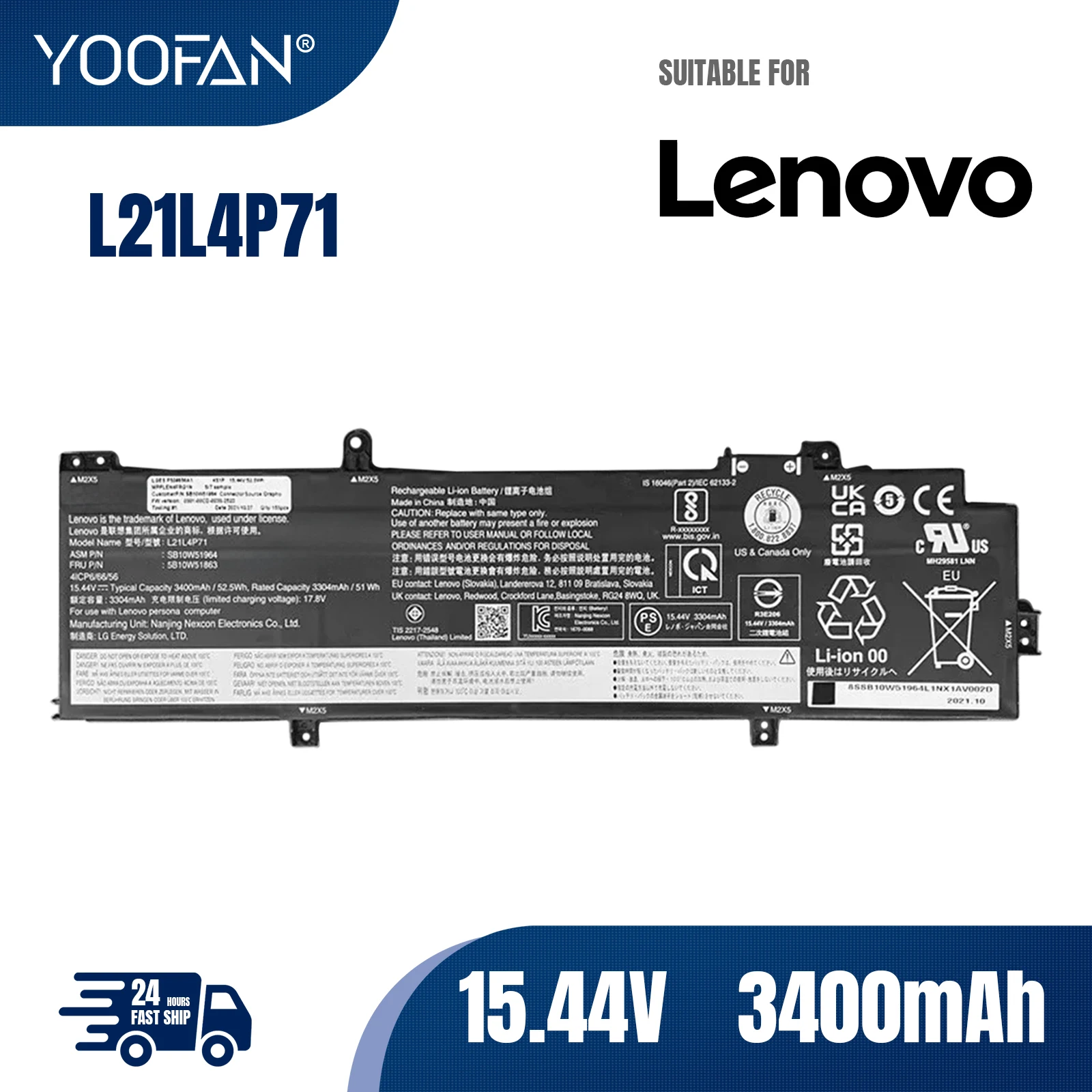 

YOOFAN L21C4P71 L21L4P71 Laptop Battery For Lenovo ThinkPad T14 P14s Gen 3 2022 L21D4P71 L21M4P71 L21M4P72 SB10W51967 52.5WH