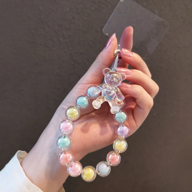 

Mobile Phone Lanyard Beaded Chain Dazzling Macaron Color Beads Pendant Bear Pendant Mobile Phone Shell Anti-loss Rope for Women