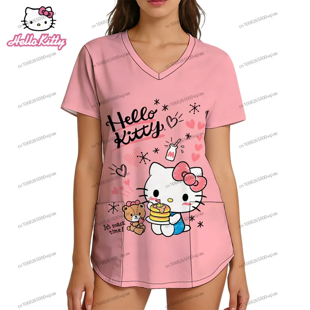 

2026 New Woman Nurse Uniform Hello Kitty Sanrio Animal Y2k Clothes V Neck Top Women Summer T-shirt Streetwear Kawaii Pocket