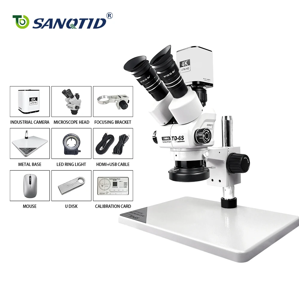 SANQTID Stereo Trinocular Digital Laboratory Optique Mobile Repair Microscope With 4K Camera Adjustable Height Tested Stand