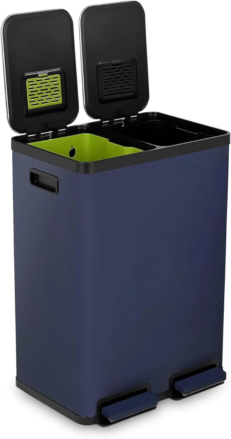 

60L Dual Compartment Step Trash Can with Soft-Close Lid, Stainless Steel, Blue - Hands-Free Recycling Solution
