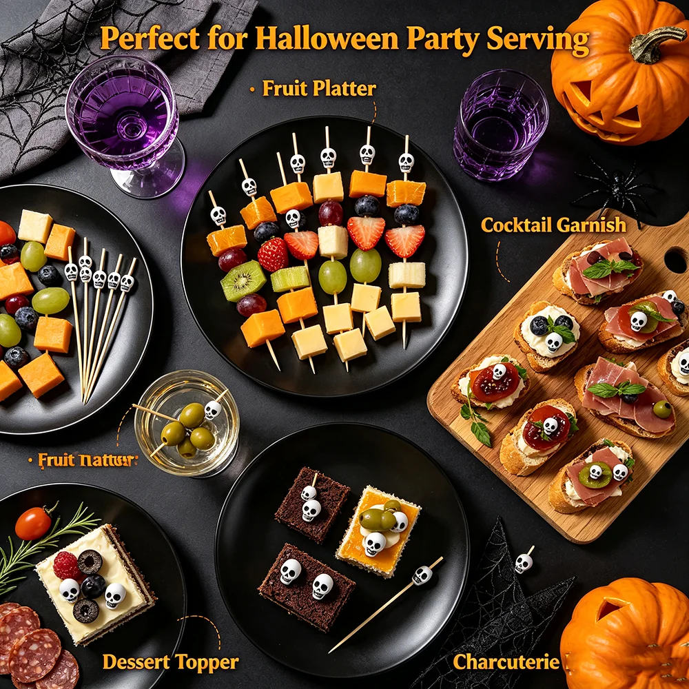 12cm Bamboo Cocktail Picks with 8mm White Skull Toppers Skeleton Fruit Toothpicks Halloween Day of The Dead Party Food Picks - view 4