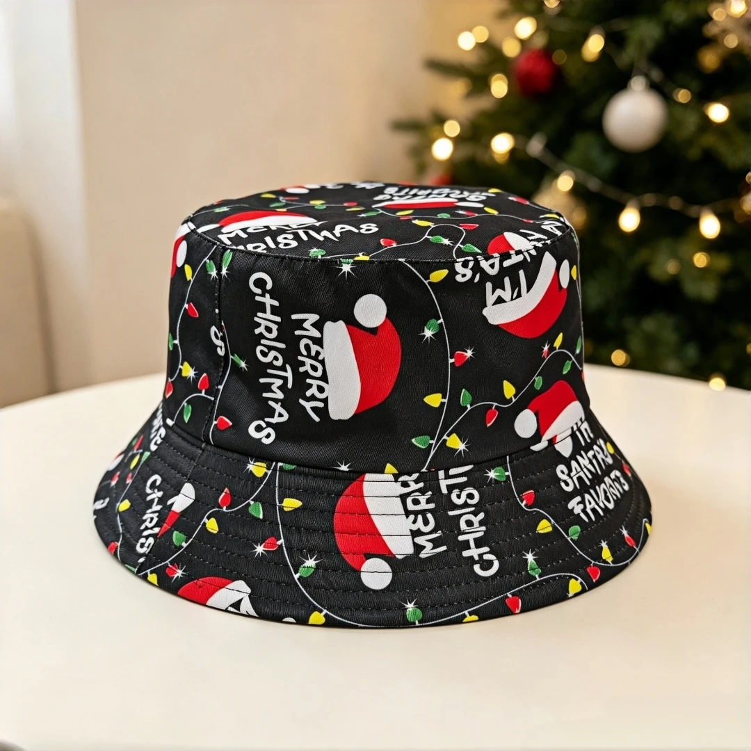 Christmas Bucket Hat for Men Women, Merry Christmas Santa Hat Xmas Light Print Fisherman Cap, Casual Outdoor Sun Hat Holiday Par