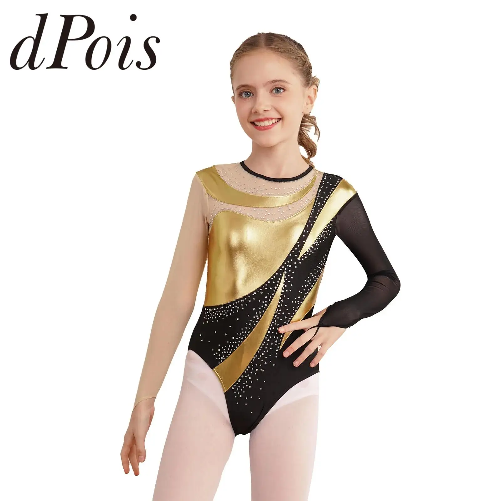 Kids Girl Rhythmic Gymnastics Jumpsuit Long Sleeve Ballet Dance Leotard Shiny Figure Skating Leotards Yoga Bodysuit Dancewear