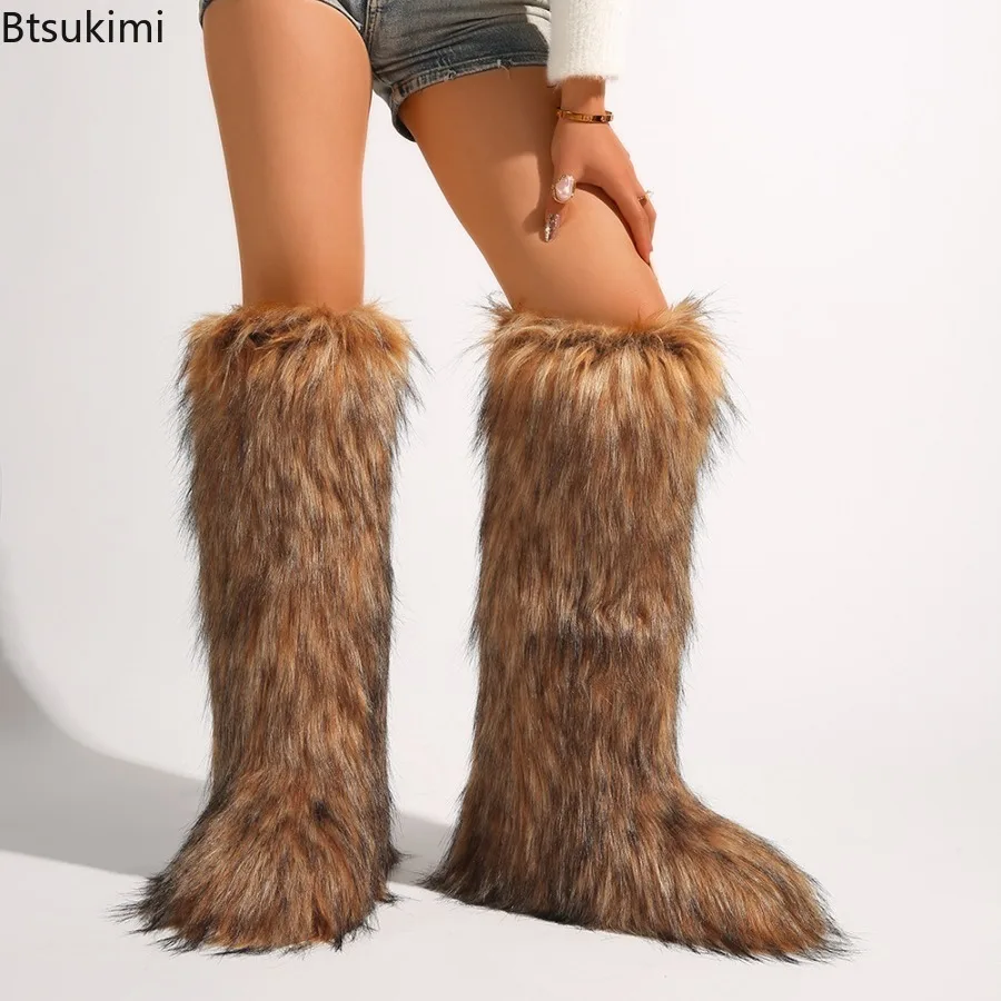 2026 Women Winter Thigh High Fluffy Boots Ladies Furry Faux Fox