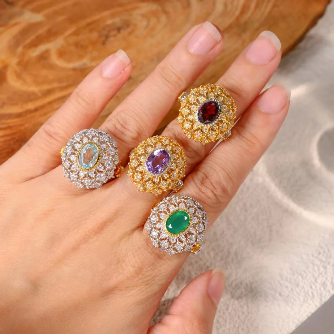

Certificated 925 Silver Natural Gemstone Lace Rings Gold Real Topaz Garnet Amethyst Green Agate Chunky Finger Band Fine Jewelry
