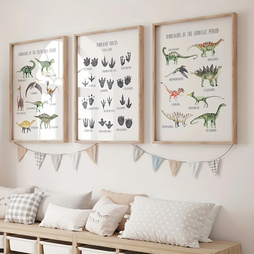 1/3 piezas de carteles de arte de pared con impresión en lienzo de especies de dinosaurios de dibujos animados, con dinosaurios lindos y aprendizaje del inglés, para decoración del hogar y guardería