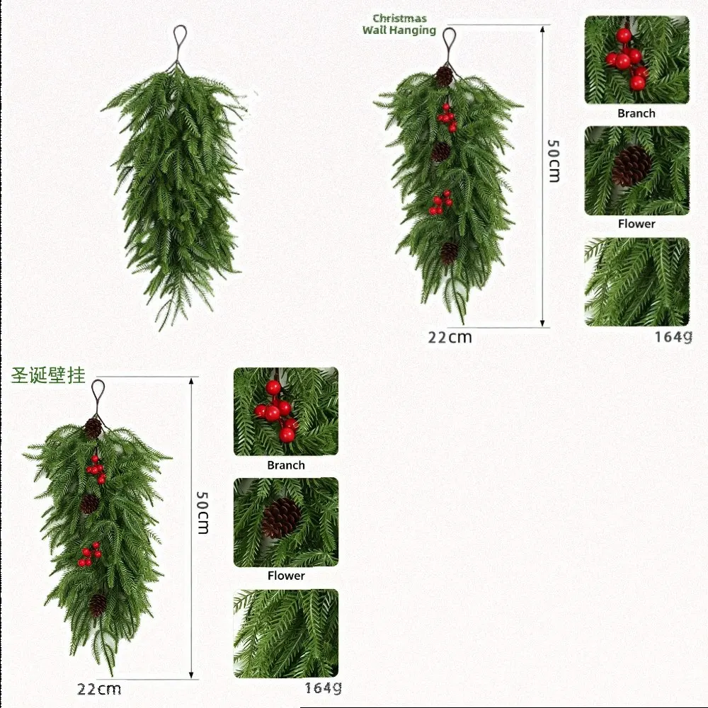 Realistic Artificial Christmas Teardrop Swag Wreath 50cm Green Faux Pine Garland With Hanging Loop For Front Door Wall Fireplace