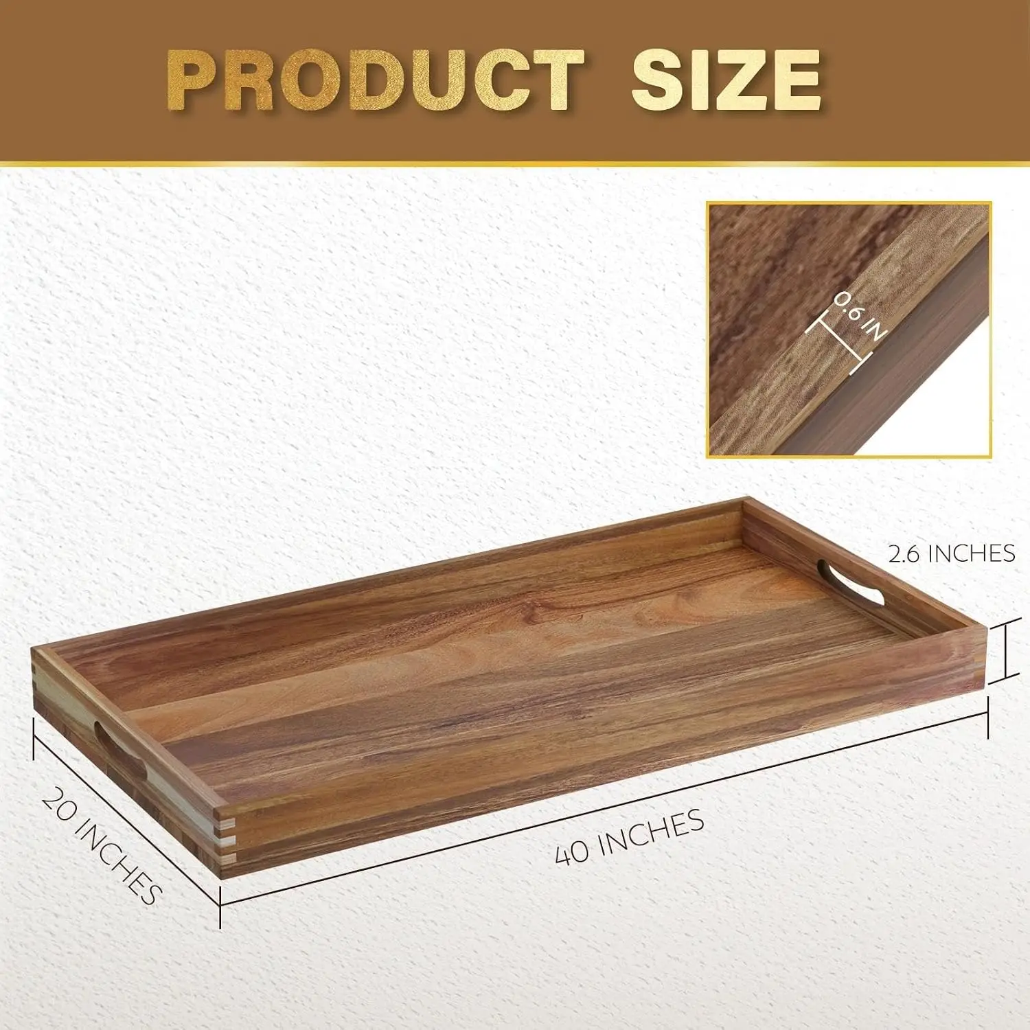 Acacia Wood Ottoman Tray, Rectangle Decorative Serving Tray with Handles, Oversized Coffee Table Tray for Living Room, Breakfast, Drinks and Decor