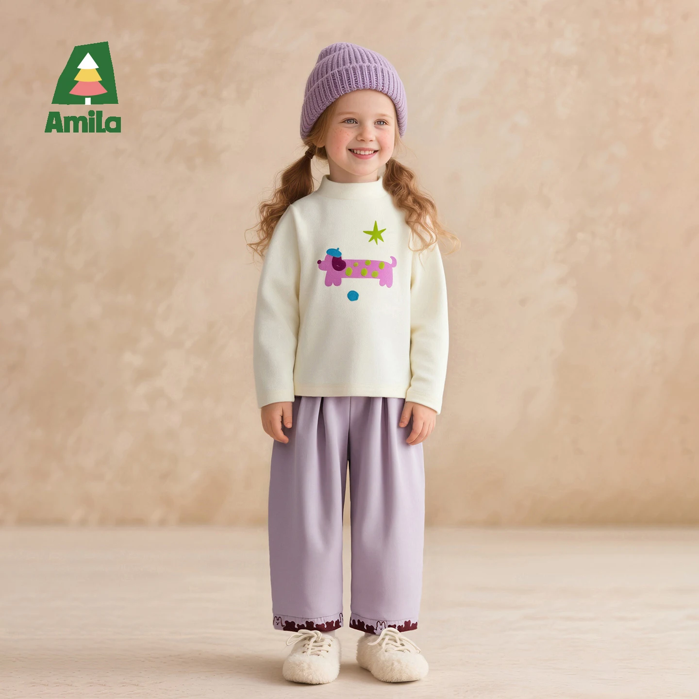 Amila Kids Winter 2026 Girls' Fashion Round Neck Bottom Shirt Pink Beige Black Rose Red Simple And Playful Pattern