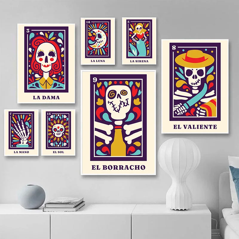 Mexican Lottery El Baile Muertos Tarot Poster and Print Canvas Painting Cartoon Funny Wall Art Pictures Home Decor Cuadros