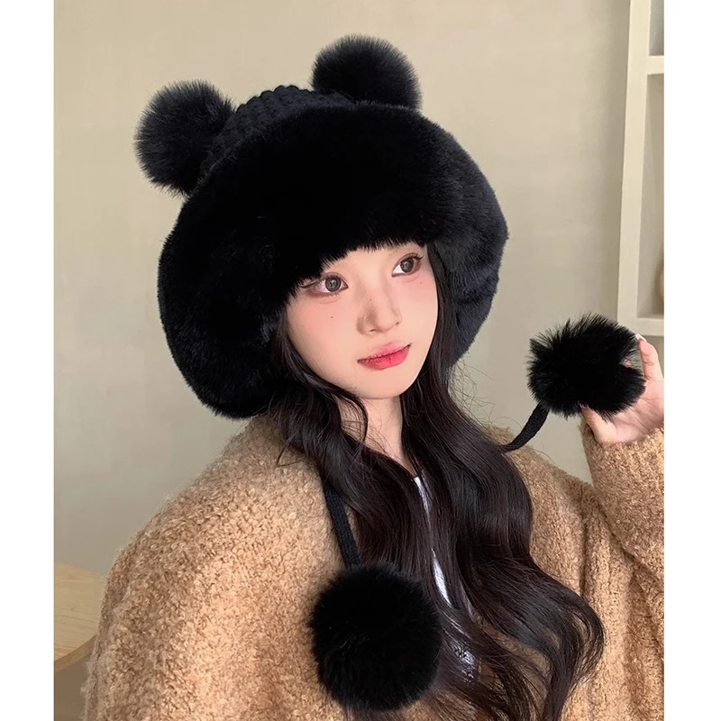 2024 new imitation rabbit fur warm winter hat for women cute thick white fluffy ball hat earmuffs slippers plush hat