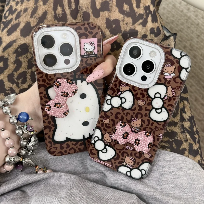 

Luxury leopard Cute cartoon Hello Kitty Cat Bling Glitte Phone Case For iPhone 13 14 15 16 Pro Max Diamond bow KT Glitte Cover
