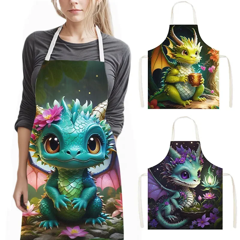 Cute Dragon Baby Print Kitchen Aprons Fantasy Elf Girl Home Cleaning Clothing Linen Pinafore Chef Waiter Cooking Apron Gift