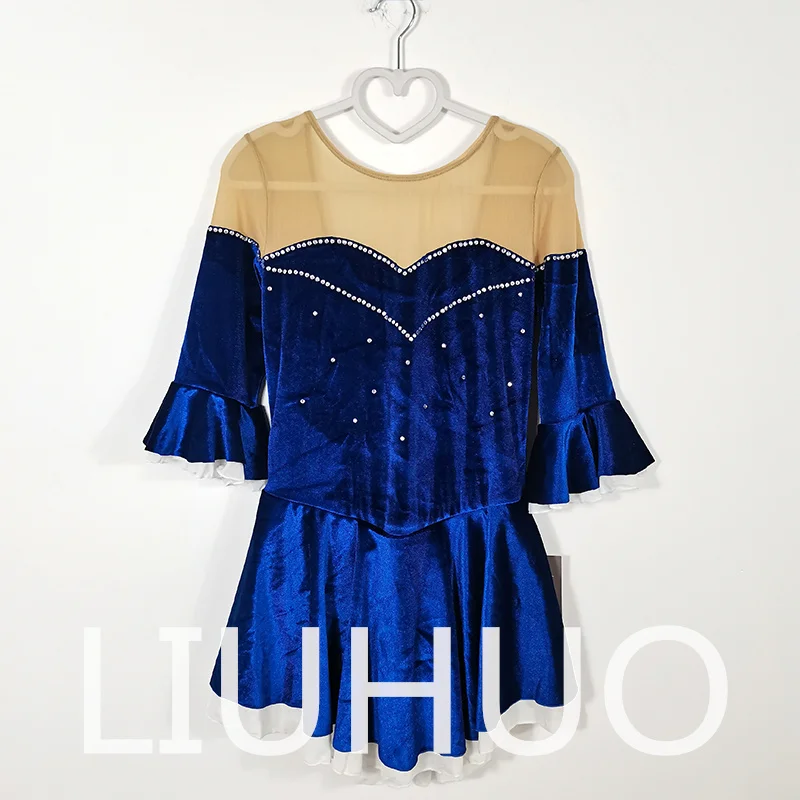 LIUHUO Sukienka do Łyżwiarstwa Figurowego Dziewczęca Damska Młodzieżowa Elastyczna Spandex Niebieski Aksamit Konkurs Hurt