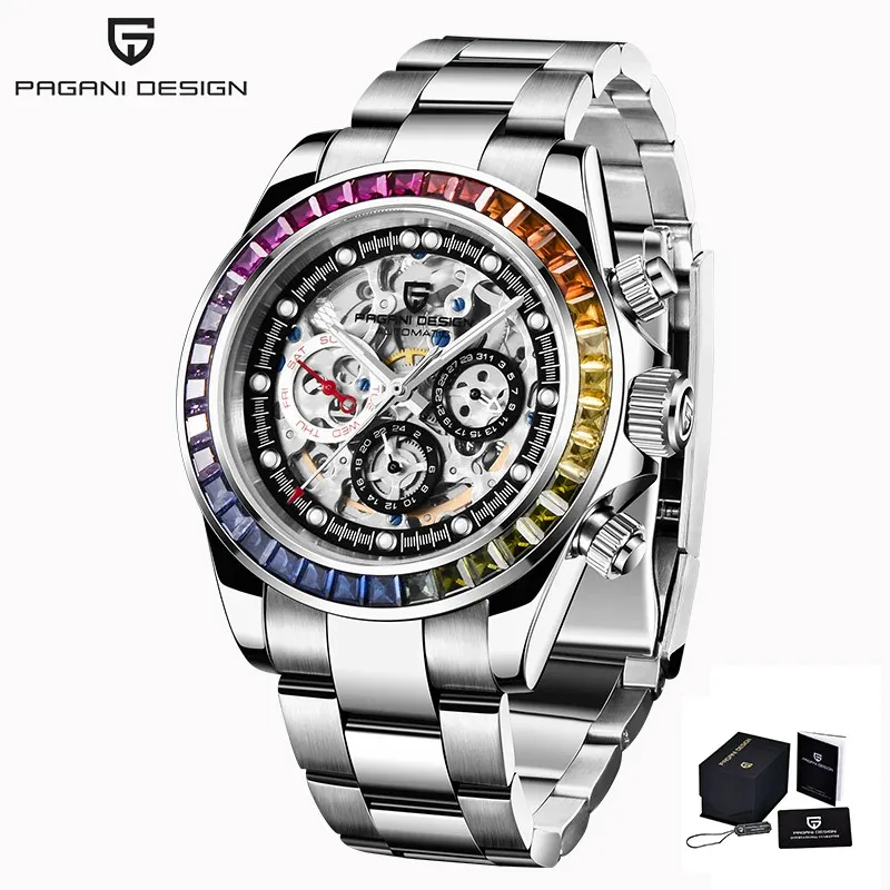 Pagani Ontwerp Mannen Automatisch Mechanisch Horloge Regenboog Regenboog Cirkel Skelet Wijzerplaat Roestvrij Staal Saffier Sporthorloges