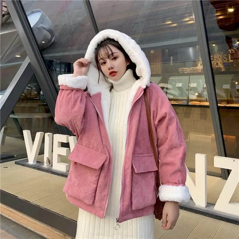 2023 New Cotton Plus Velvet Loose Hooded Corduroy Long-sleeve Coats Thicken Jackets Female Student Autumn Winter Korean Overcoat