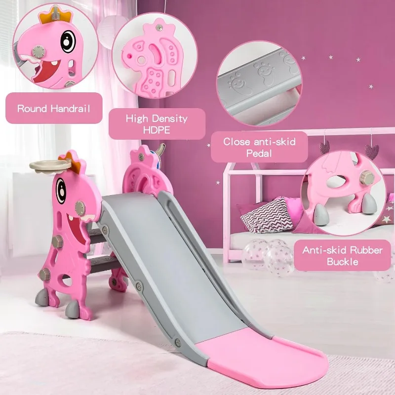 Dinosaur Slide Kids Toddler Indoor Slide Playset Indoor Outdoor Playground Toddler Climber Playset with Basketball Hoop
