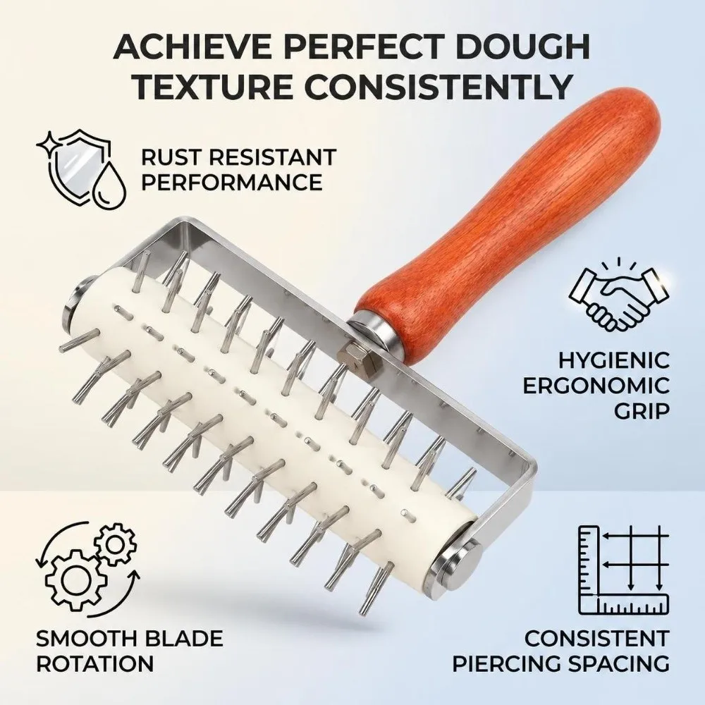 Stainless Steel Dough Docker Mirror Polish Wooden Handle Pastry Roller Uniform Spacers Perforation Baking Tool Pizza Making